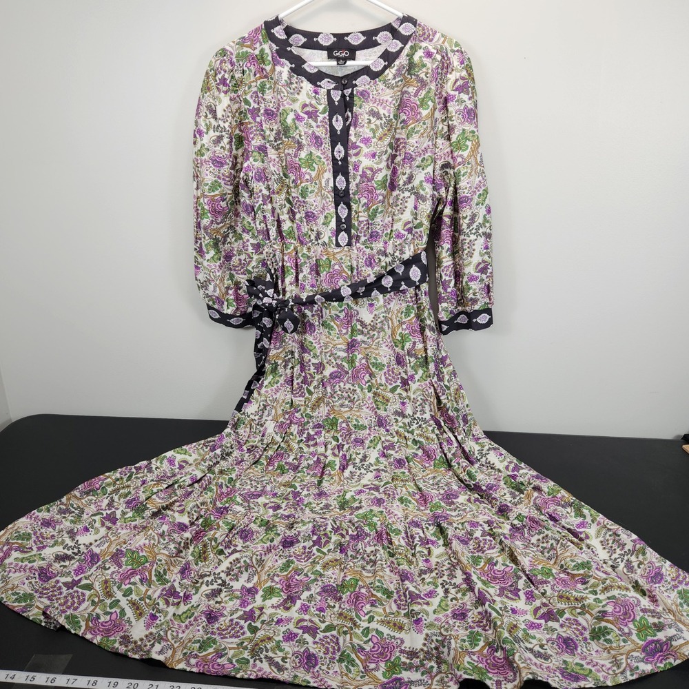 Gigio USA Floral Paisley Maxi Dress Purple Green Boho Tiered Belted Womens L
